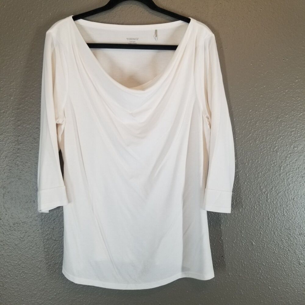 Toad & Co L Top Cowl Neck Draped White 3/4 Sleeve Bel Canto Jersey Classic Layer